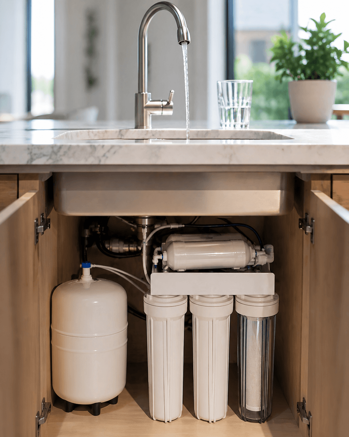 Under-sink reverse osmosis system installed in modern kitchen