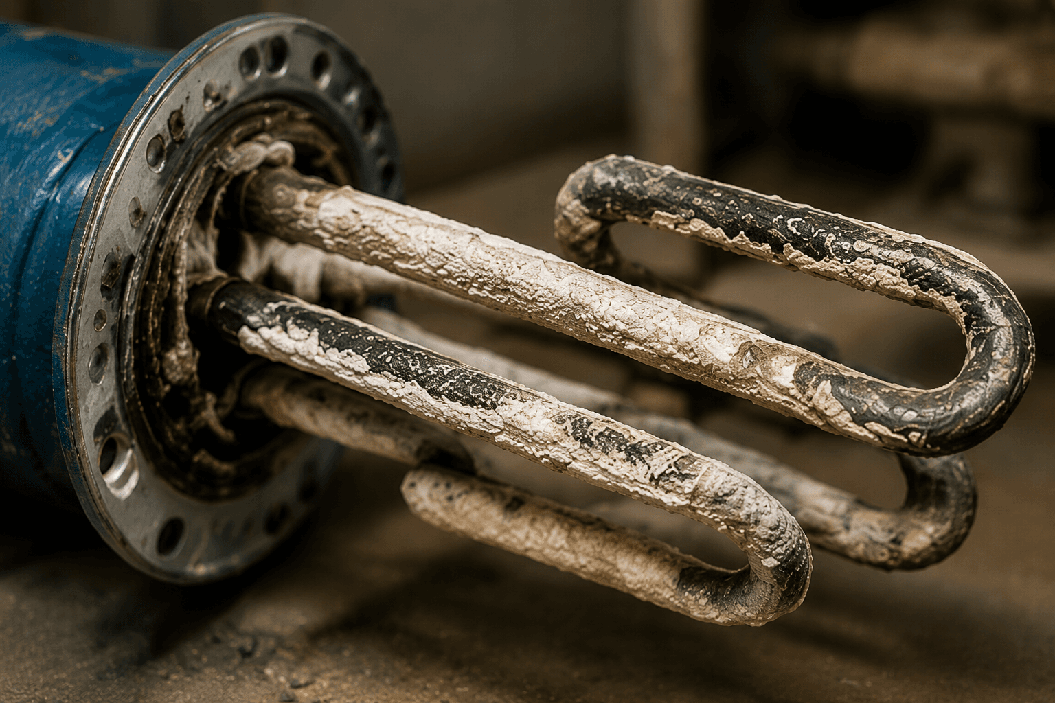 Water heater heating element covered in limescale deposits