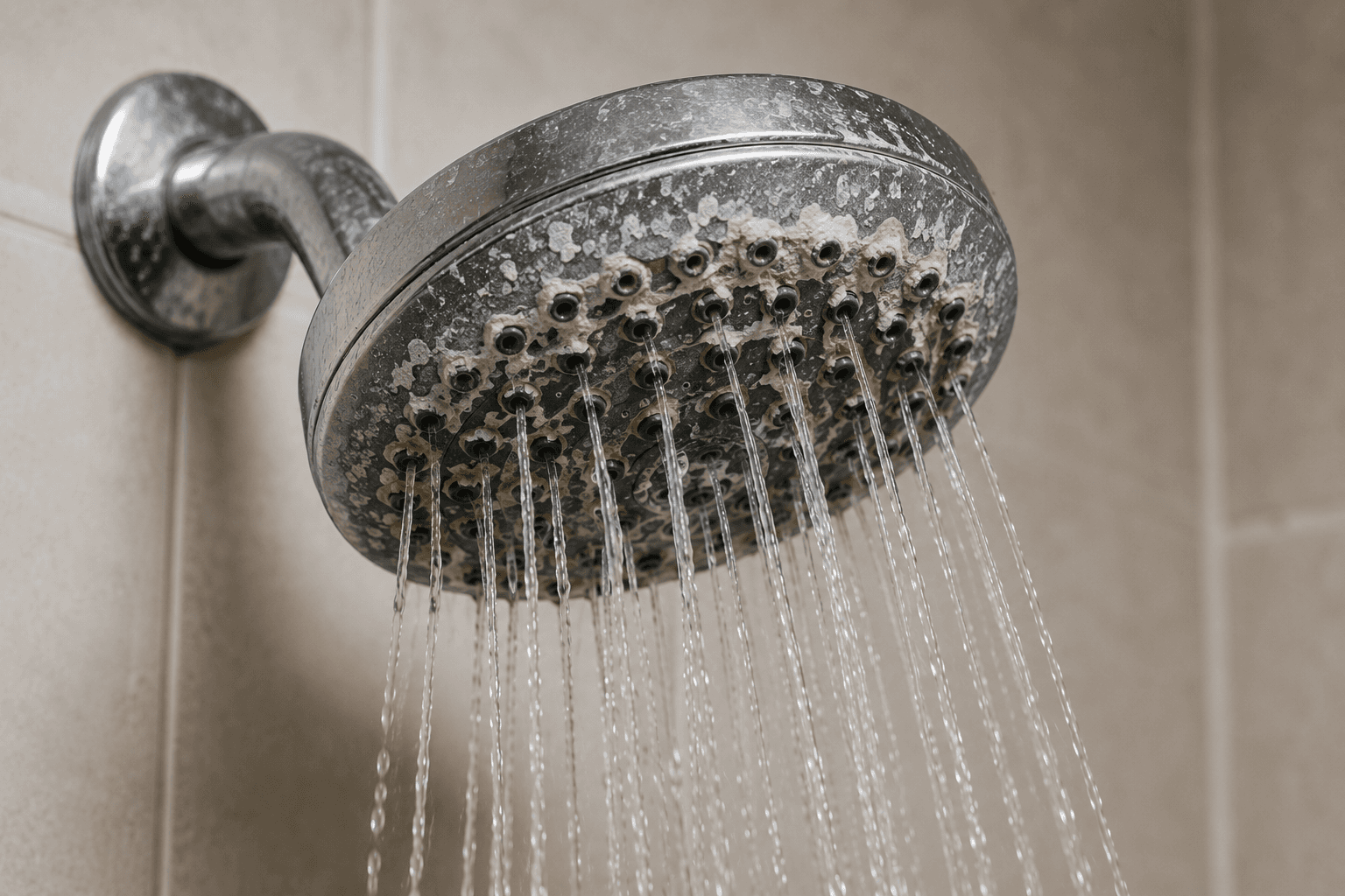 Shower head clogged with mineral buildup from hard water